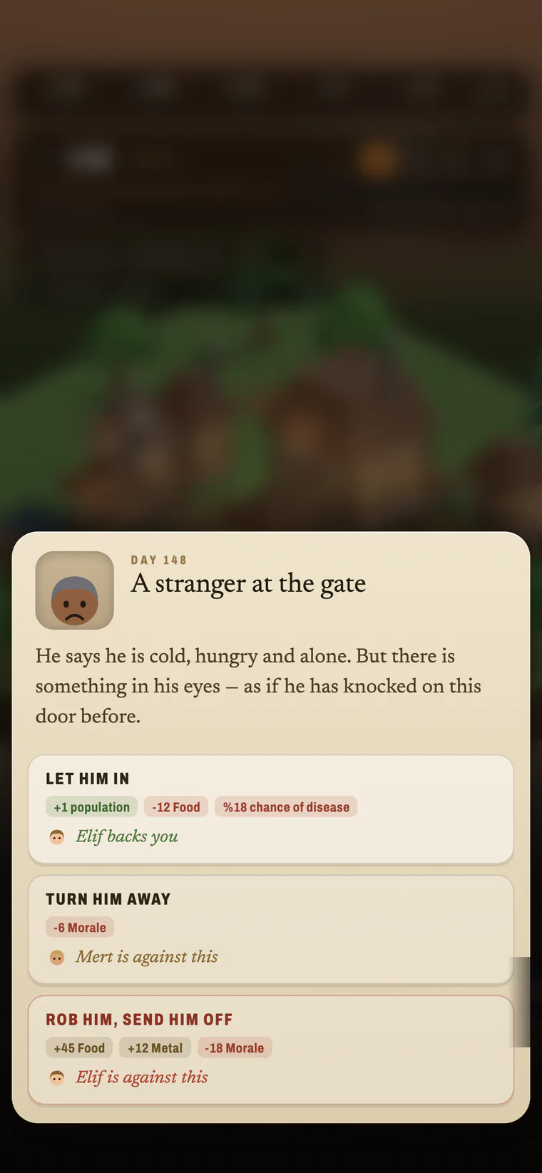 Event screen: a stranger at the gate and three choices
