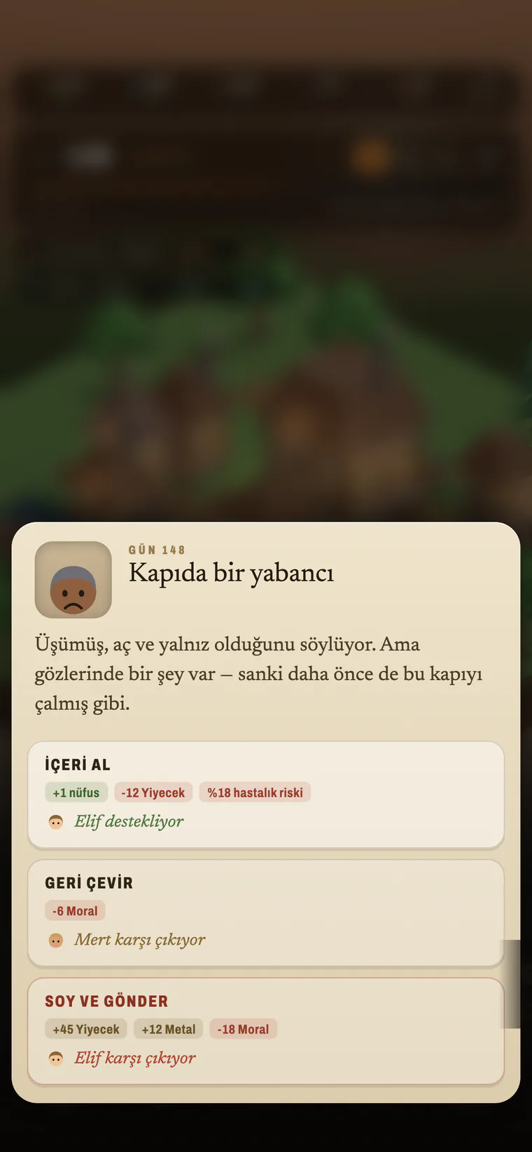 Olay ekranı: kapıda bir yabancı ve üç seçenek