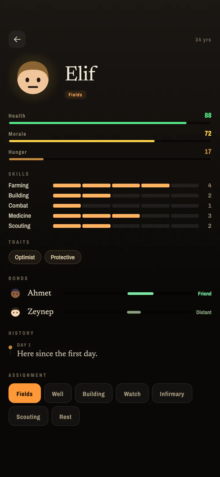 Survivor card: health, morale, skills, traits and bonds